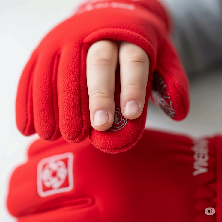 Close-up view of a child's hand wearing red kids heated gloves, showing the texture and design.