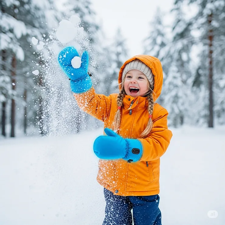 Happy child playing in snow wearing blue kids heated gloves, keeping hands warm during winter activities.