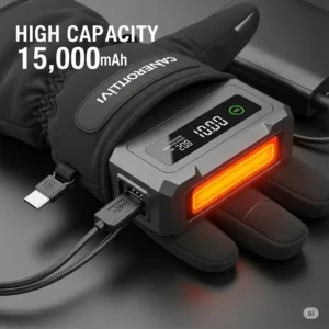 High-capacity lithium-ion battery, specifying mAh for extended use in heated gloves.