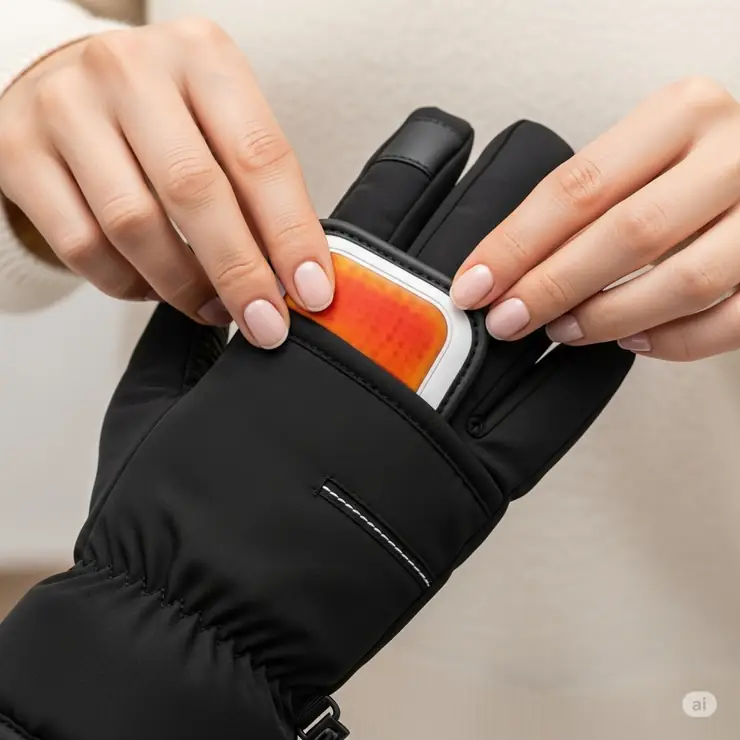 Image of a person easily inserting a heat insert into a winter glove, demonstrating the user-friendly application of these warming devices