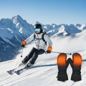 Person enjoying skiing outdoors, wearing heated mitt liners for warmth and comfort in snowy conditions.