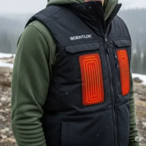 Visual representation of Scentlok's carbon-activated fabric technology, trapping odors in the heated vest.