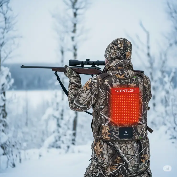 Hunter wearing a Scentlok heated vest, staying warm and scent-free in the cold wilderness.