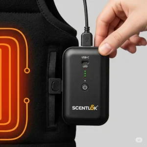 Rechargeable battery pack for a Scentlok heated vest, illustrating its compact design and easy charging.