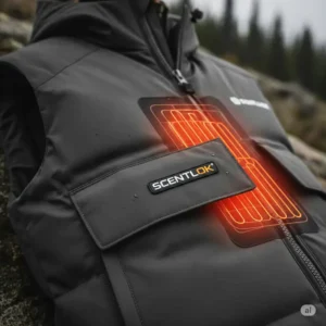 Depiction of the durable, weather-resistant construction of a Scentlok heated vest, built for outdoor use.