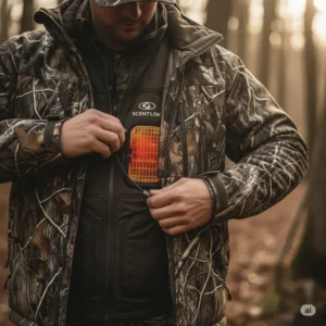 Individual layering a Scentlok heated vest comfortably under their hunting jacket for added warmth.