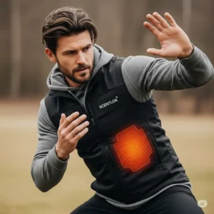 An active figure demonstrating the flexibility and unrestricted range of motion provided by a Scentlok heated vest.