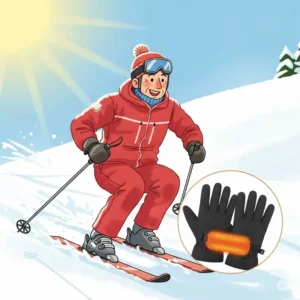 Illustration of a skier enjoying the slopes with warm gloves, subtly hinting at the use of a hand warmer inside for extended comfort.