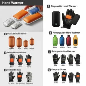 Visual guide showcasing various types of hand warmers, including disposable and rechargeable options, ideal for use inside gloves.