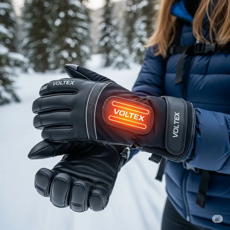 Voltex heated gloves providing warmth and comfort in a winter outdoor setting.