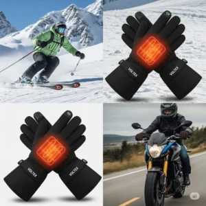 Voltex heated gloves keeping hands warm while skiing or riding a motorcycle.
