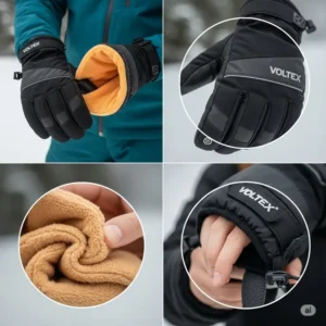 Voltex heated gloves demonstrating their waterproof and windproof capabilities in harsh weather.