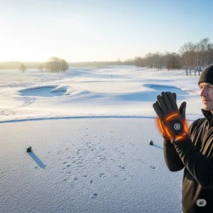Scenic view of a frosty winter golf course, underscoring the practical benefits of wearing heated golf gloves for comfort and performance.