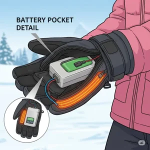 Illustration of the battery pocket detail in womens heated ski gloves.