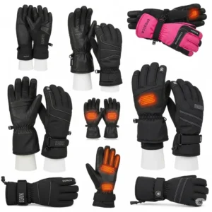 Collection of different styles of womens heated ski gloves for winter sports.