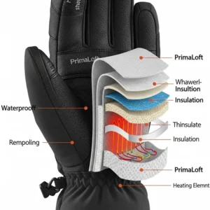 Cross-section view showing the insulation layers in womens heated ski gloves.