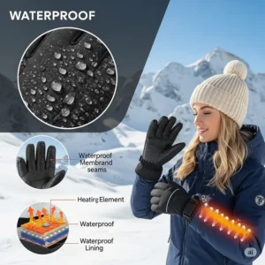 Diagram illustrating the temperature control settings on womens heated ski gloves.