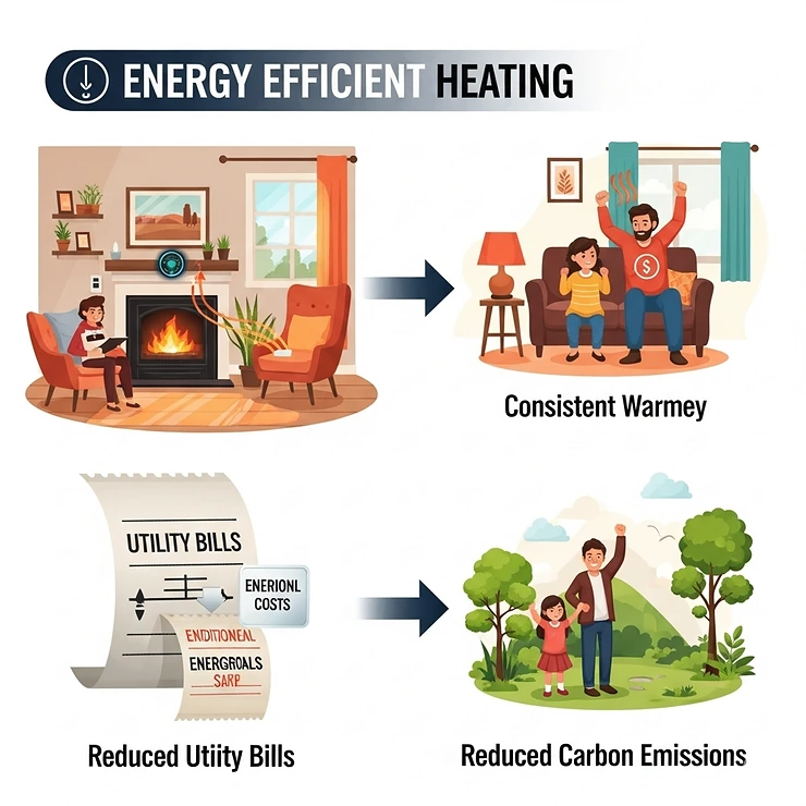 Illustration highlighting key benefits of energy-efficient heating, including reduced utility bills, environmental friendliness, and consistent warmth.