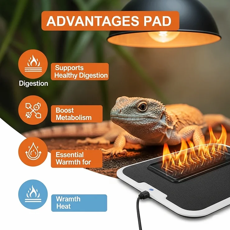 A graphic showcasing the key benefits of using a heating pad for lizards, such as aiding digestion, promoting healthy metabolism, and providing essential warmth.