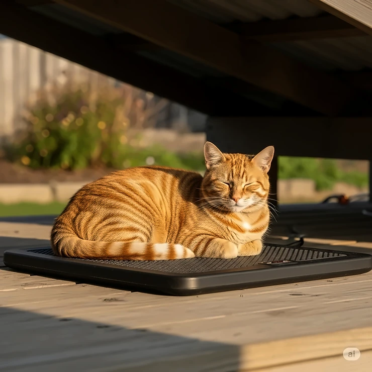 An orange tabby cat comfortably resting on an outdoor heating pad placed on a covered porch, showing its weatherproof design.