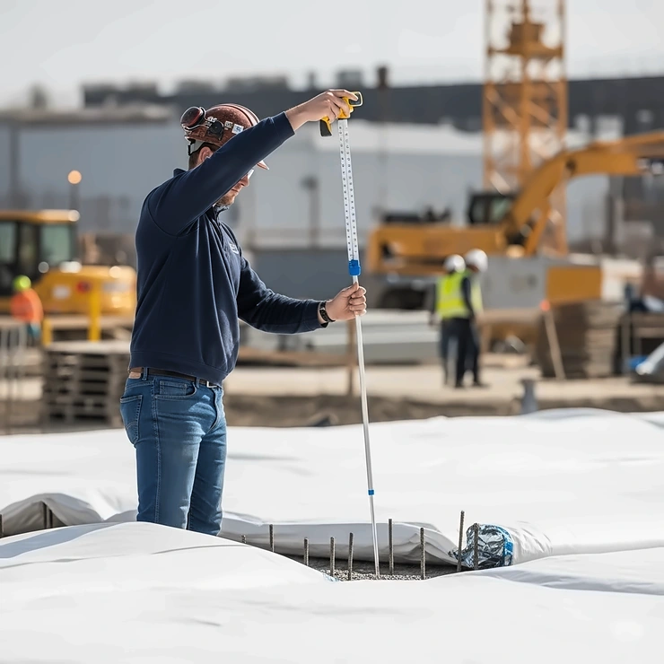Construction worker using a thermometer to check the temperature of concrete beneath a concrete heat blanket, ensuring proper curing.
