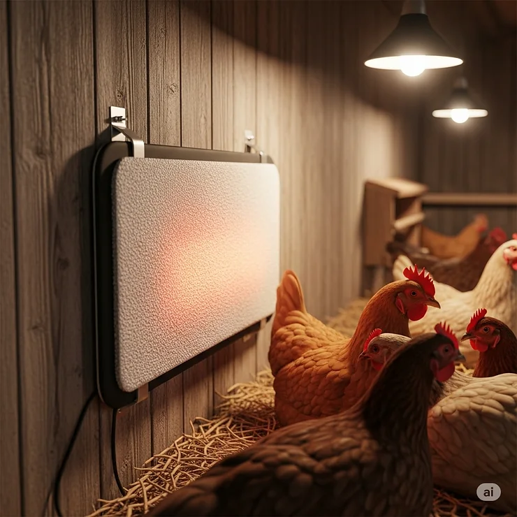A durable chicken heating pad mounted on a wall inside a chicken coop, providing supplemental warmth for adult chickens during colder months.