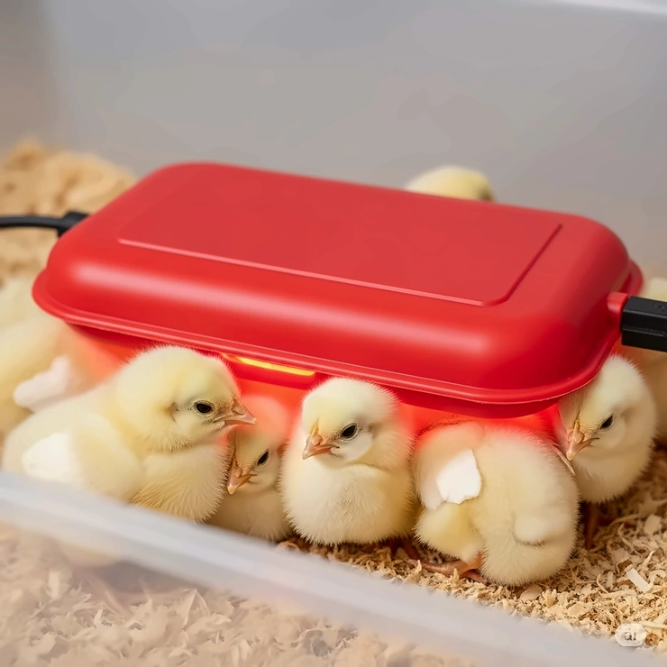 A brooder with several young chicks huddled comfortably under a red chicken heating pad, illustrating its use for warmth and safety.