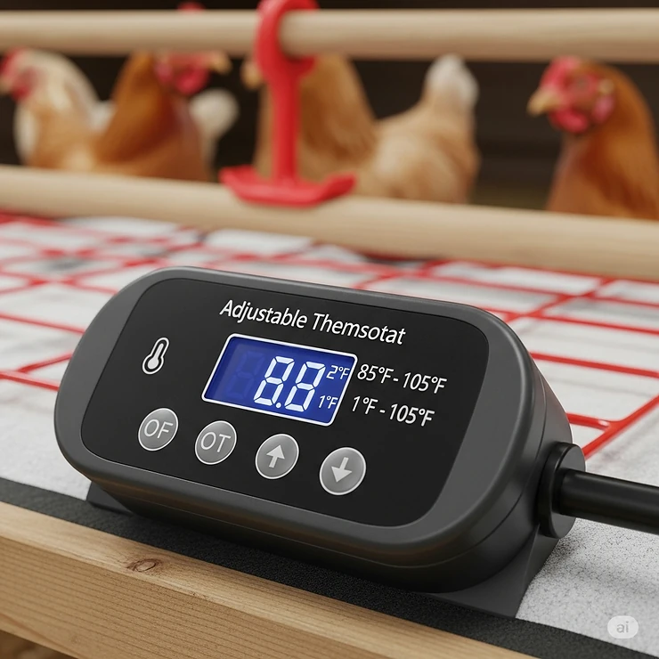 Close-up view of a chicken heating pad's adjustable thermostat, highlighting precise temperature control for optimal chicken comfort.