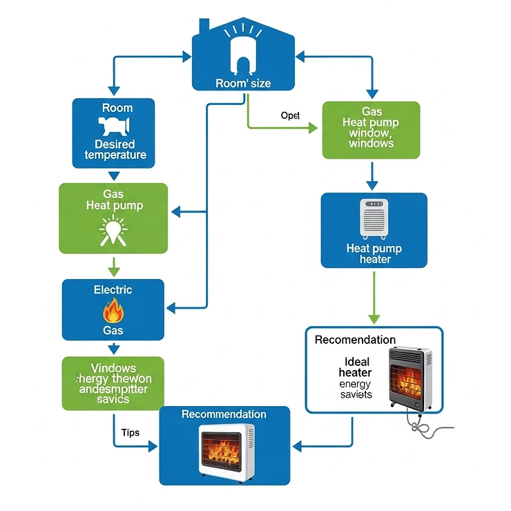 Flowchart guiding users through the process of choosing the best energy-efficient heater for their specific room size and heating needs.