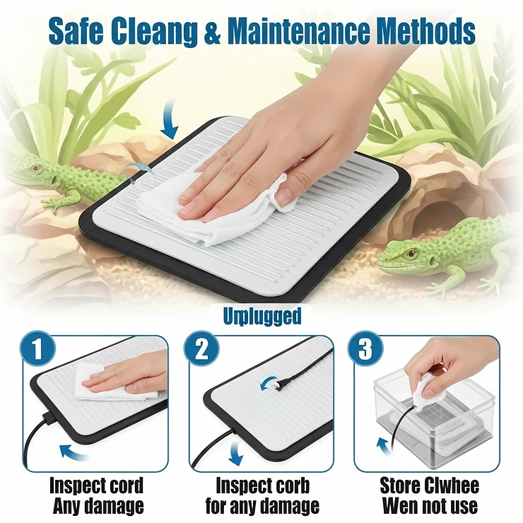 An illustration demonstrating safe methods for cleaning and maintaining a lizard heating pad, ensuring longevity and hygienic conditions for the reptile.