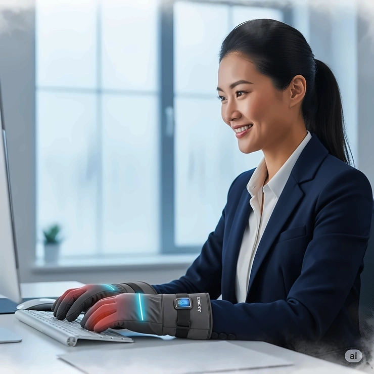 An office worker in a chilly environment, smiling and productive while wearing heated typing gloves, demonstrating their effectiveness in cold conditions.