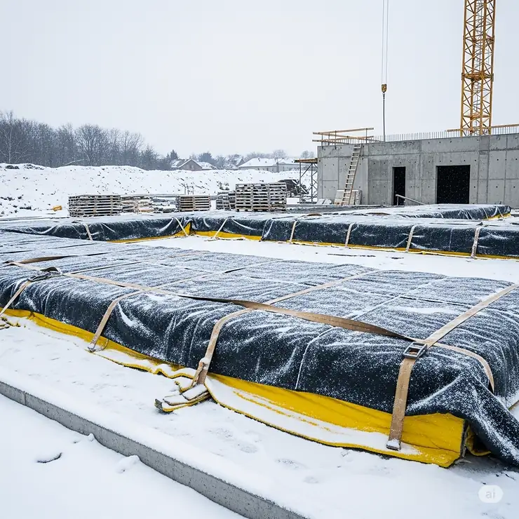 Concrete heat blankets effectively protecting freshly poured concrete in a cold, snowy environment, preventing freezing and promoting strength.