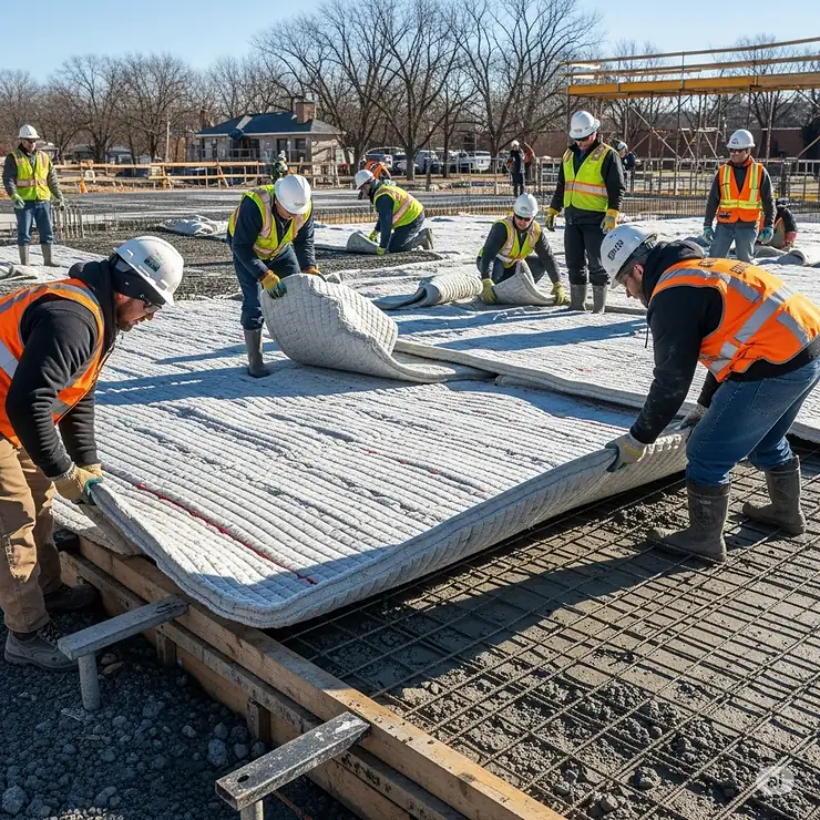Workers applying concrete heat blankets to fresh concrete on a construction site, ensuring optimal curing in cold weather conditions.