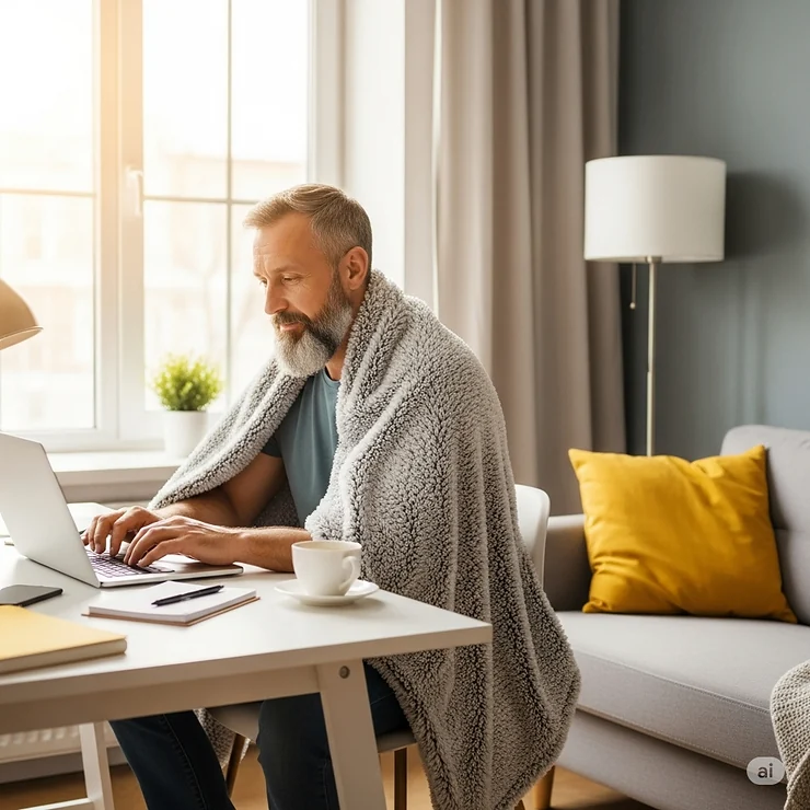 Person comfortably wrapped in a warm blanket while working in a well-lit home office, illustrating a low-cost approach to staying warm and complementing heating solutions in winter.