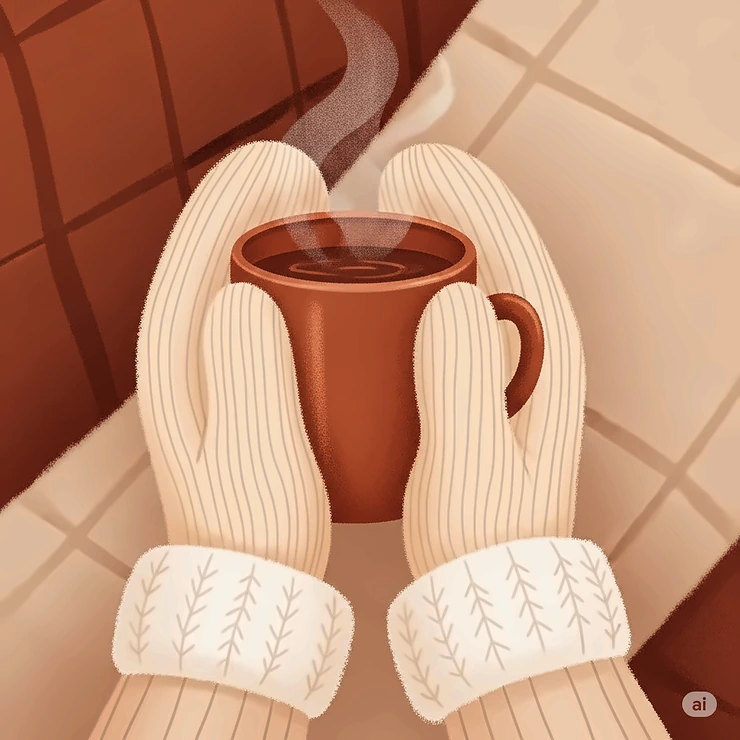 Illustration of hands in soft mittens holding a warm mug, suggesting their use for comfort and warmth indoors.