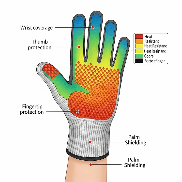 An illustrative diagram highlighting the areas of the hand effectively protected by a heat resistant glove for hair appliances.