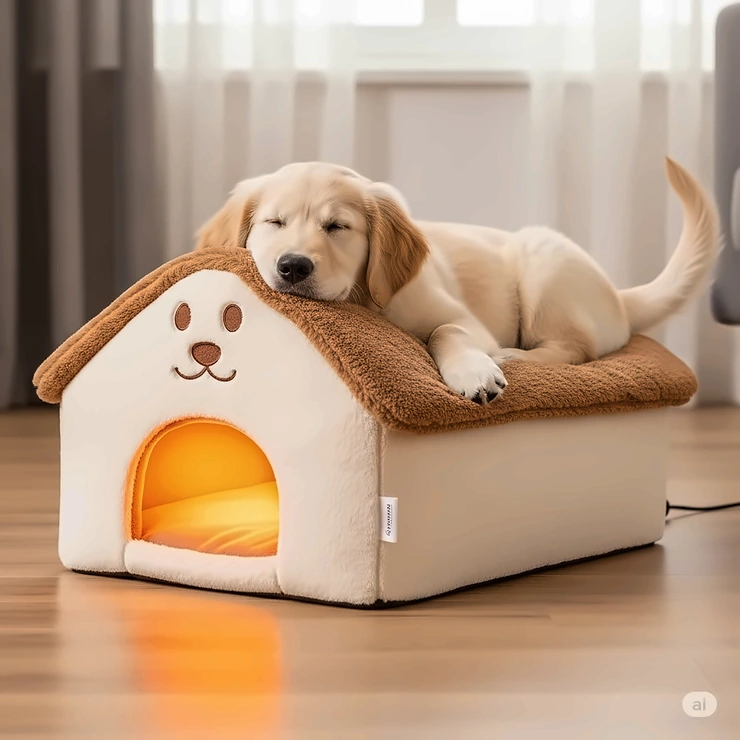A happy dog curled up contentedly on a soft dog house heating pad, enjoying the gentle warmth and comfort.