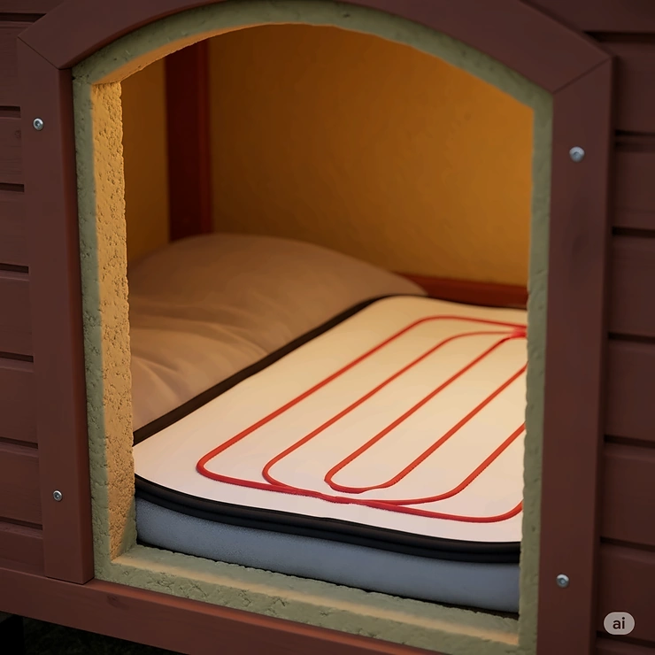 Inside a well-insulated dog house featuring a perfectly fitted, energy-efficient dog house heating pad, providing warmth for chilly nights.