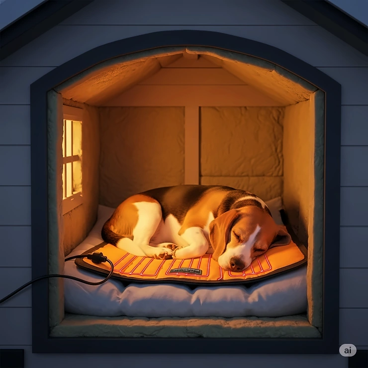 An insulated dog house interior showing a warm outdoor pet heating pad providing comfort for a sleeping beagle during cold weather.