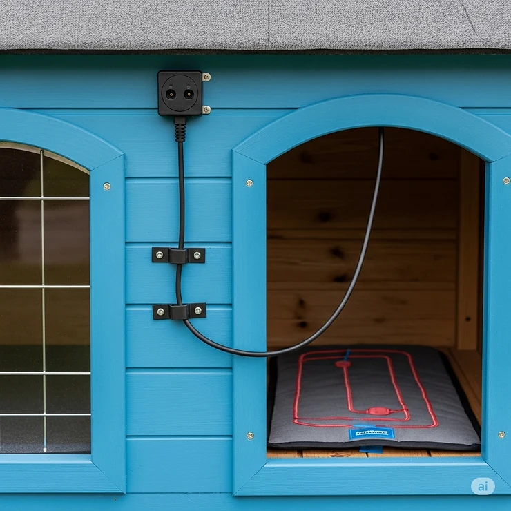 Exterior of a dog house showing a safely routed power cord connected to an internal dog house heating pad, emphasizing secure electrical setup.
