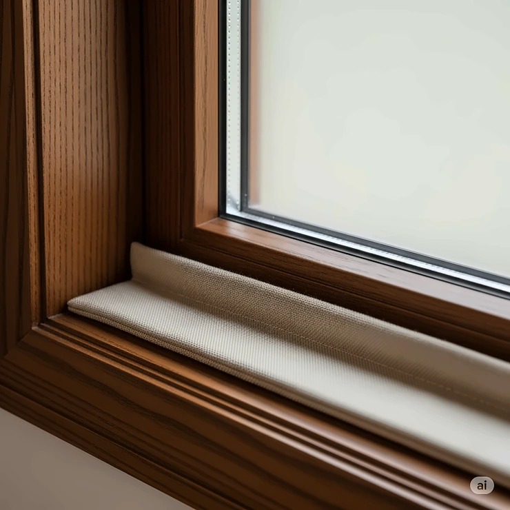 Close-up of a draft stopper at the base of a well-insulated home office window, demonstrating simple ways to enhance heating efficiency in winter.