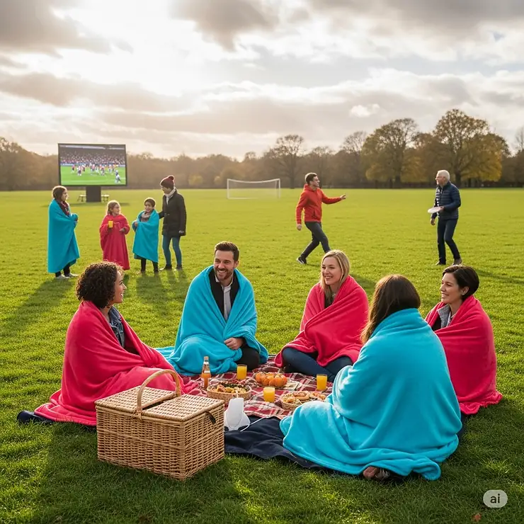 People bundled in electric blankets while watching an outdoor sporting event or enjoying a picnic on a cool day, demonstrating their versatility for various outdoor activities.