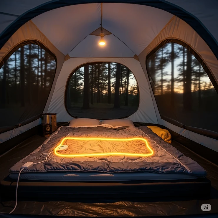 An electric blanket providing warmth inside an RV or camping tent, showcasing its use for comfortable outdoor living during camping trips.
