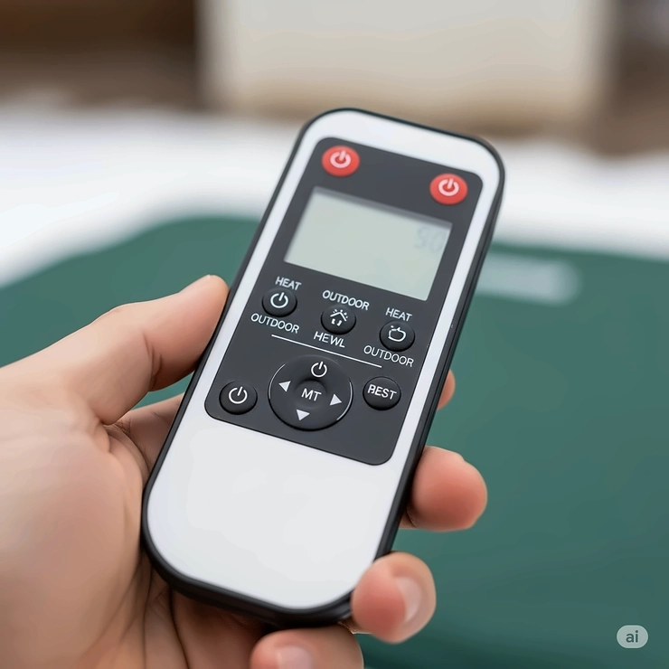 Close-up of a remote or control panel for an outdoor electric blanket, showing adjustable heat settings for personalized warmth in various outdoor conditions.