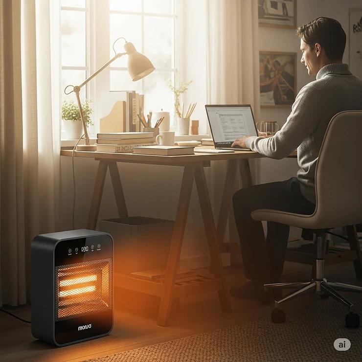 Compact, energy-efficient electric space heater providing supplemental warmth in a cozy home office, ideal for individual home office heating in winter.