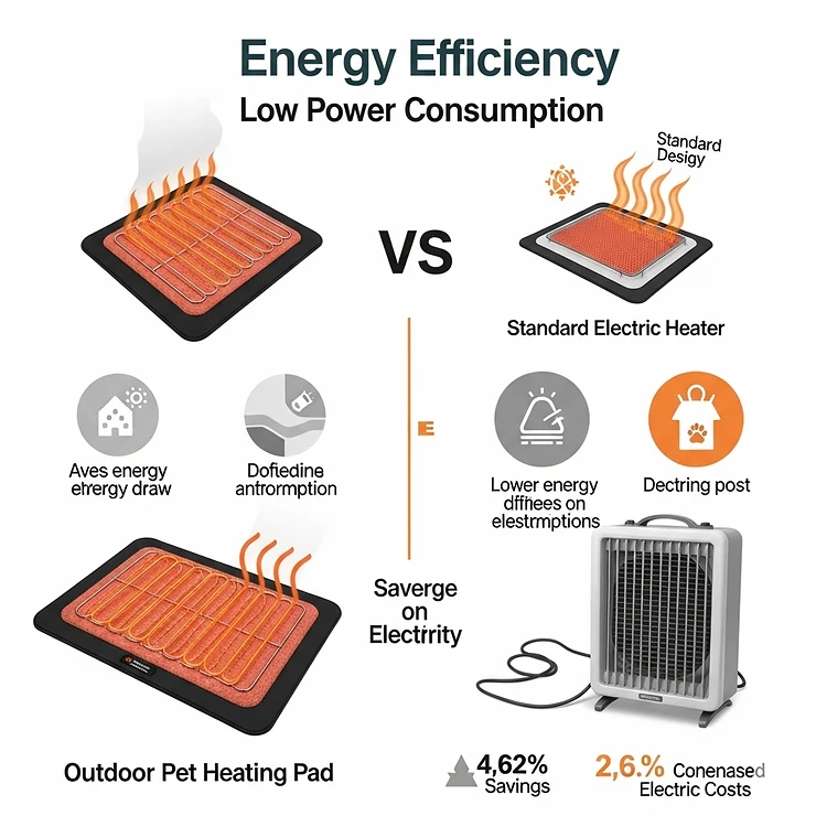 Infographic demonstrating the low power consumption and energy efficiency of an outdoor pet heating pad, providing warmth without high electricity bills.