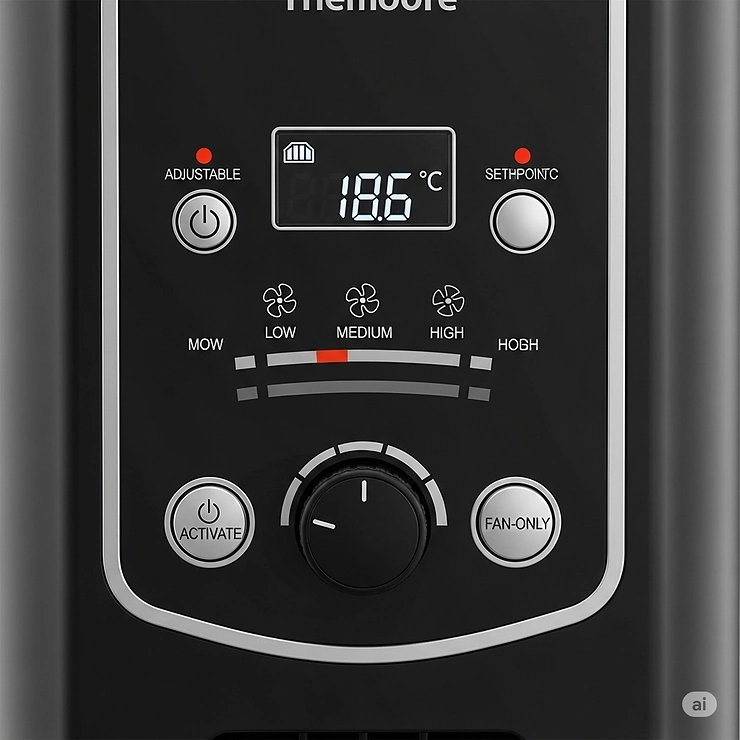 User-friendly controls panel of a fan forced electric heater, featuring adjustable thermostat and multiple fan speed settings.