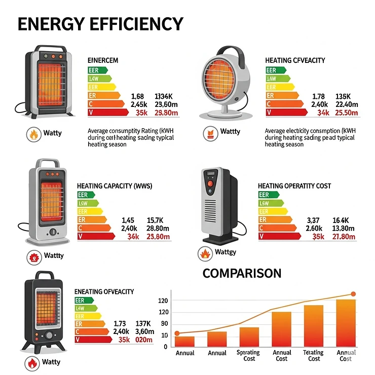 Infographic comparing the energy efficiency of various fan forced heaters, aiding in informed purchasing decisions.