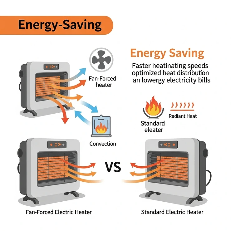 Diagram illustrating the energy efficiency benefits of a modern fan forced electric heater for cost-effective heating.