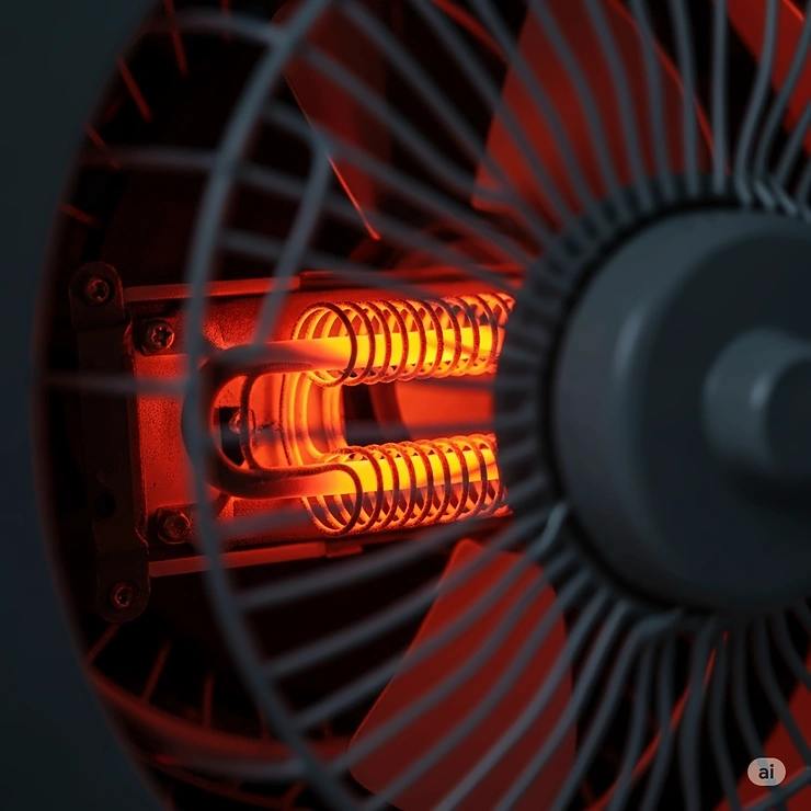 Close-up view of the glowing heating element inside a fan forced heater, showing the core technology.
